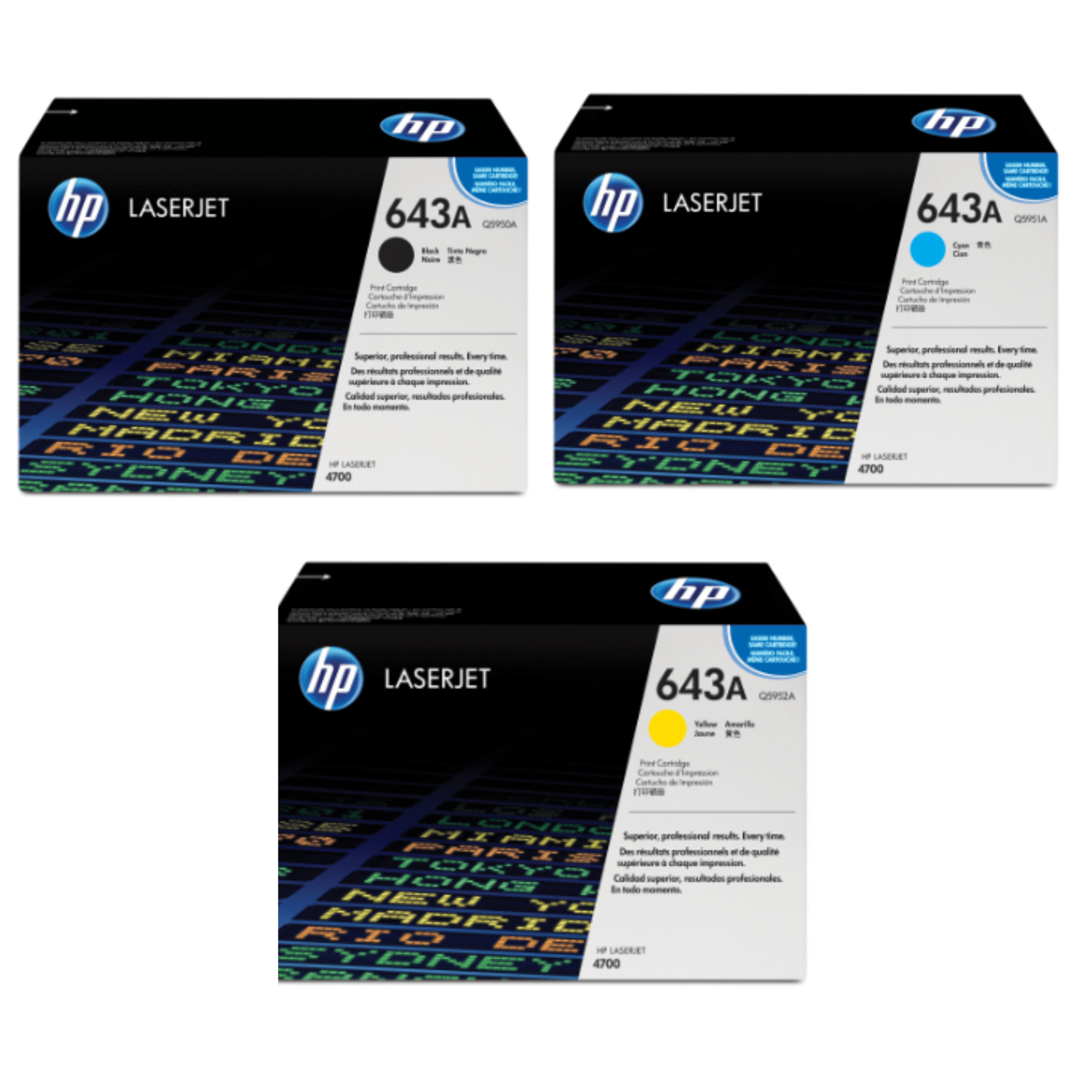 Kit HP 643A Caja Blanca (Q5951A-Q5952A-Q5953A, de 11,000 páginas)